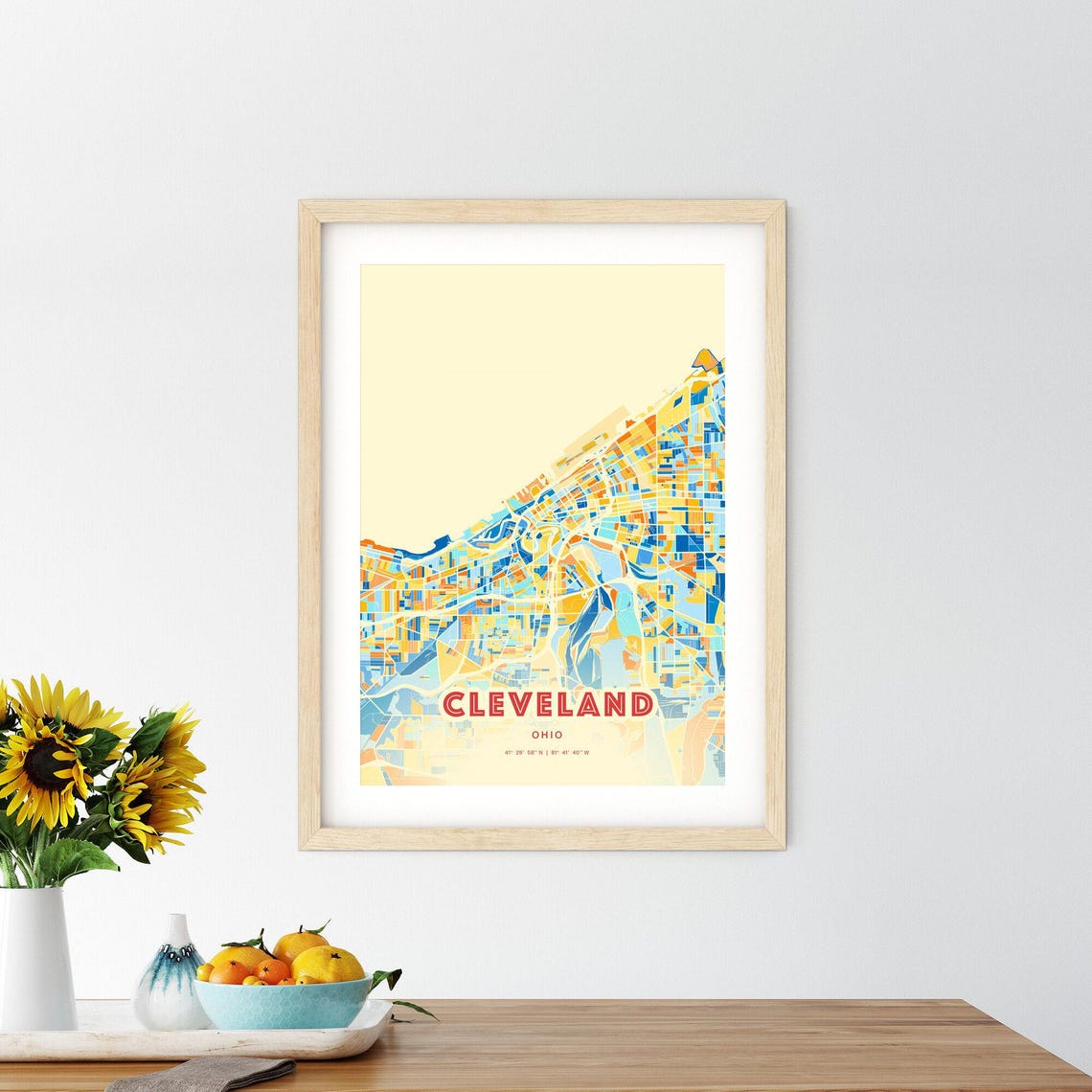 Cleveland Ohio Colorful City Map Blue Orange Blocks Art Poster - Image 2