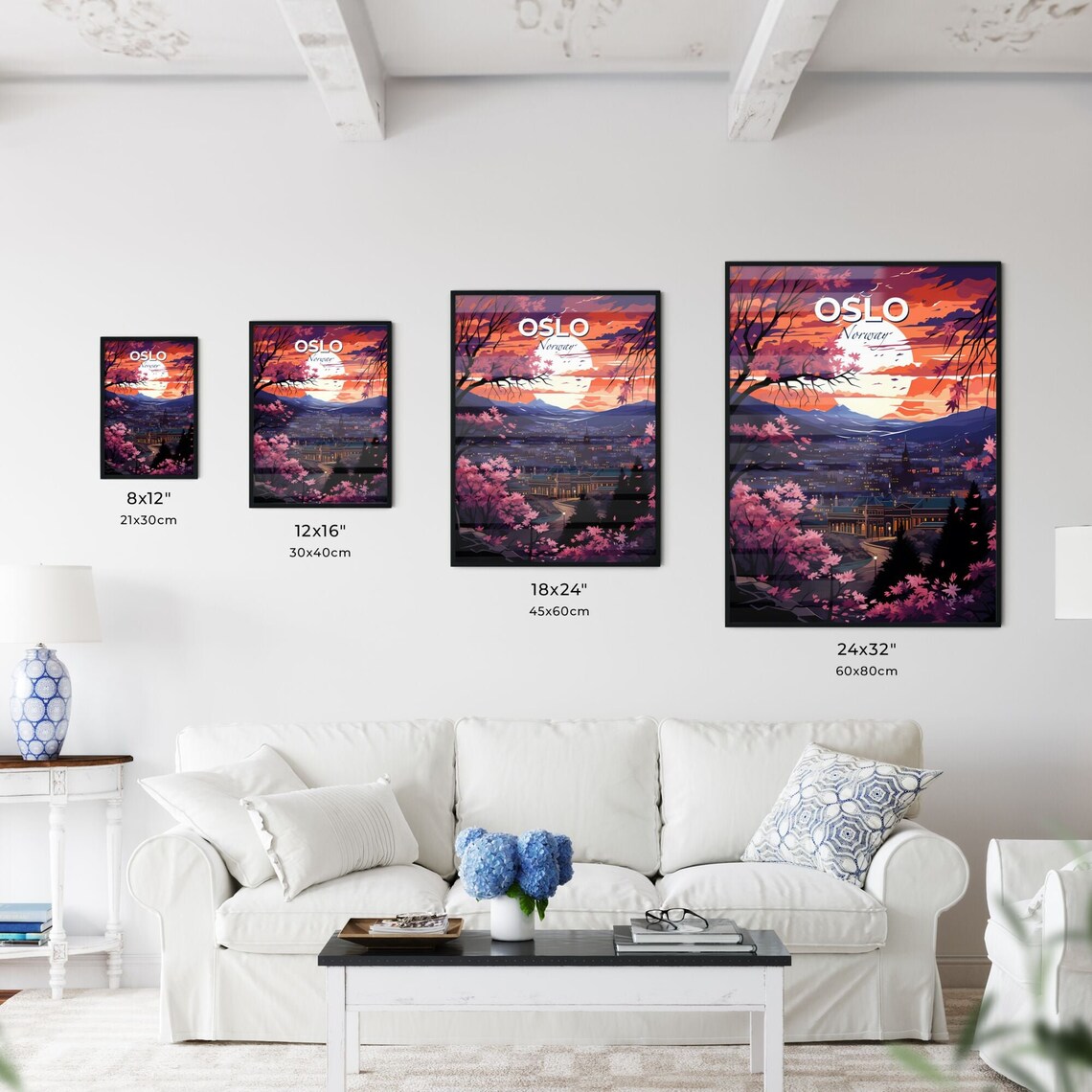 Vivid Oslo Norway Moonlit City Cherry Blossom Mountain Poster - Image 3