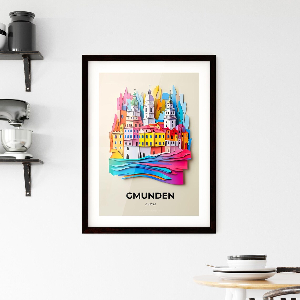 Gmunden Austria Colorful Paper Cut Church Towers Lake Poster - Image 2