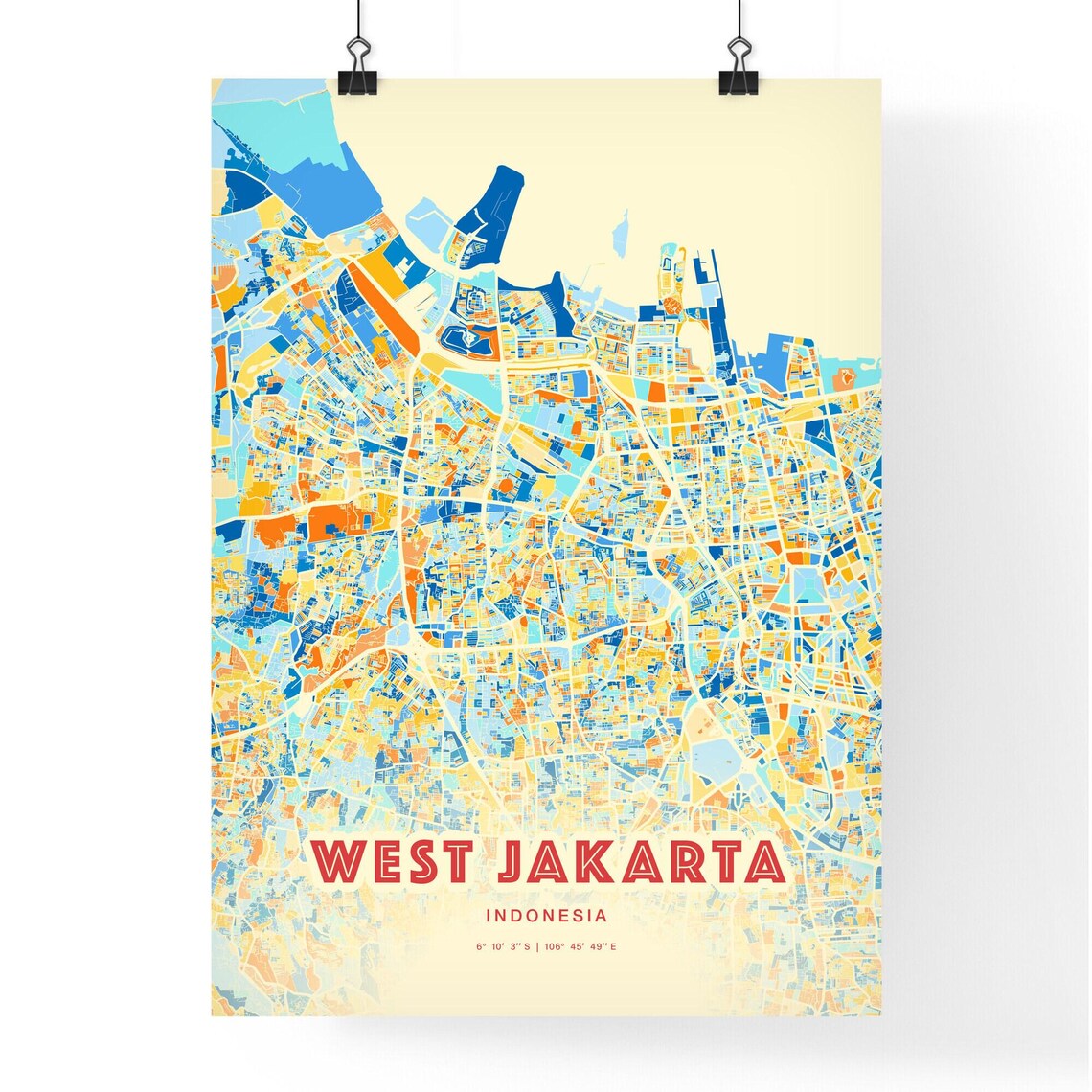 West Jakarta Indonesia City Map Blue Orange Modern Cartography Art Poster - Image 3