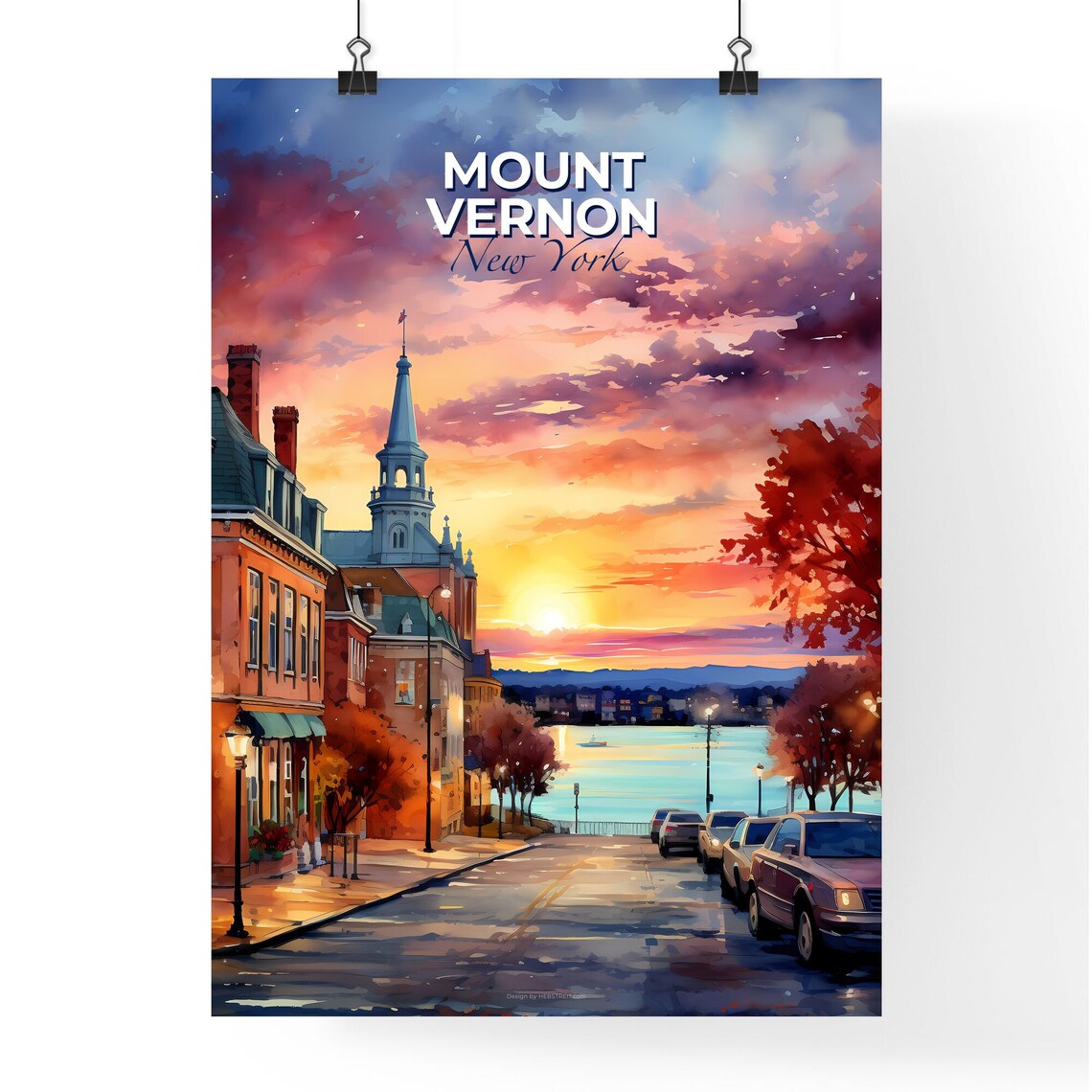 Mount Vernon New York Church Steeple Street Sunset Water Poster - Image 4