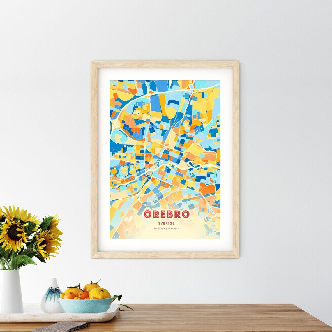 Orebro Sweden Blue Orange Colorful City Map Art Poster With Coordinates - Image 2