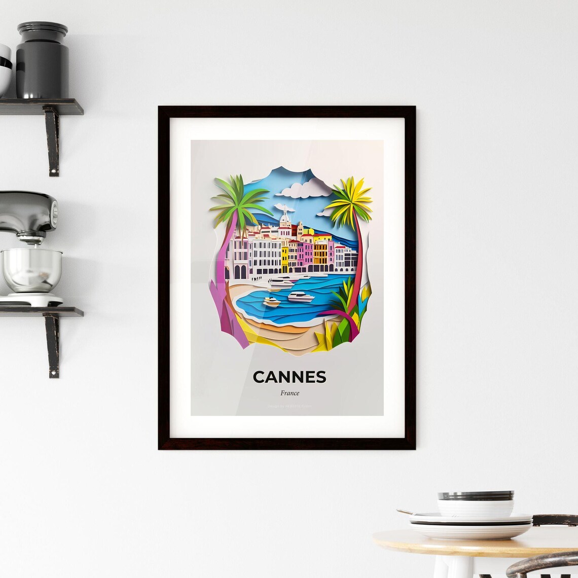Cannes France Colorful Paper Cut Boats and Palm Trees Poster - Image 2
