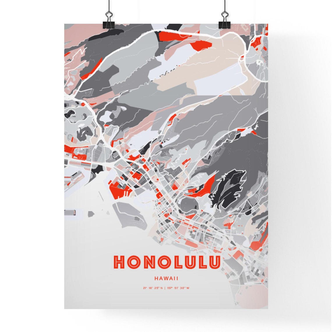 Honolulu Hawaii Expressive Red Bold Modern City Map Art Poster - Image 3