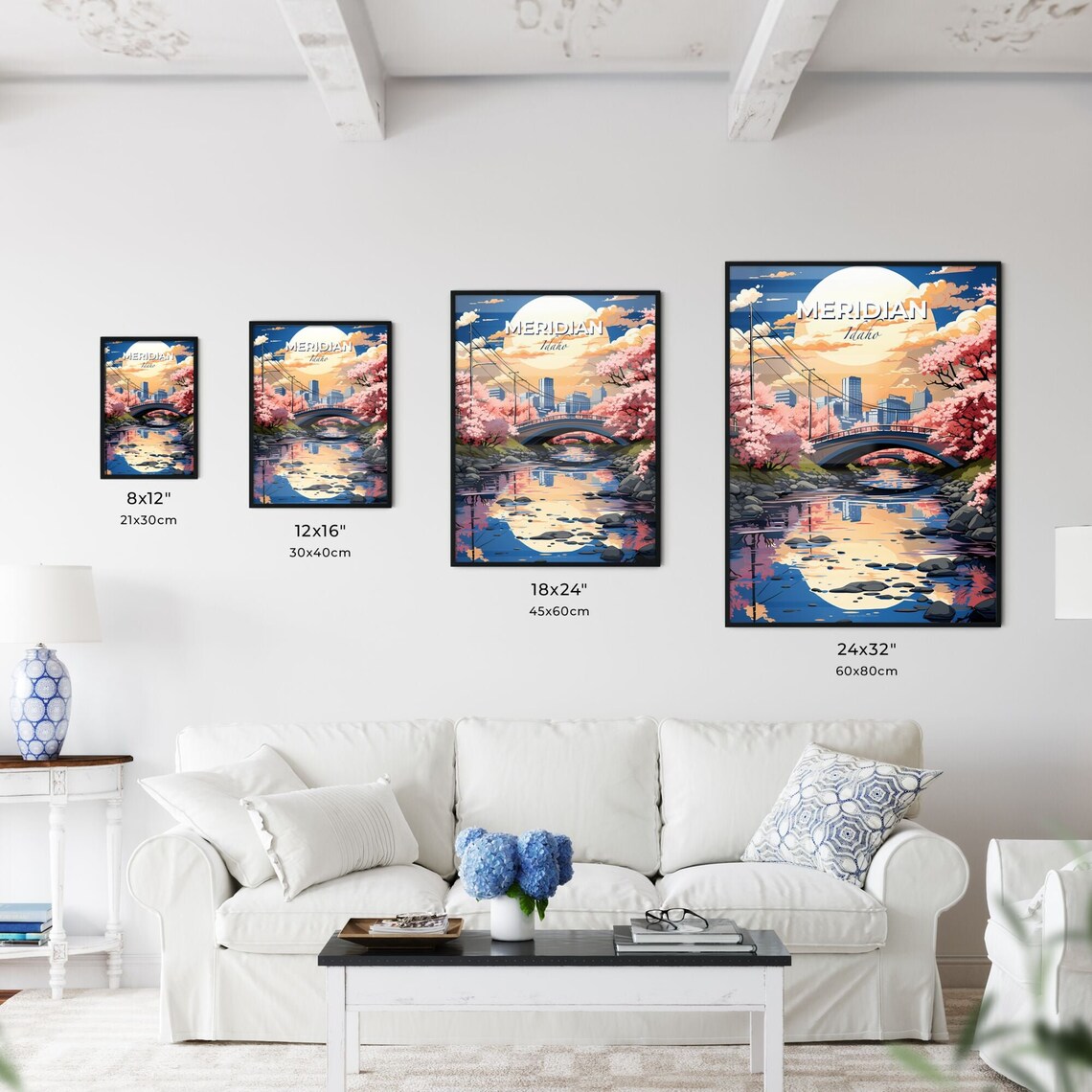 Meridian Idaho Cherry Blossom River Bridge Full Moon Art Poster - Image 3