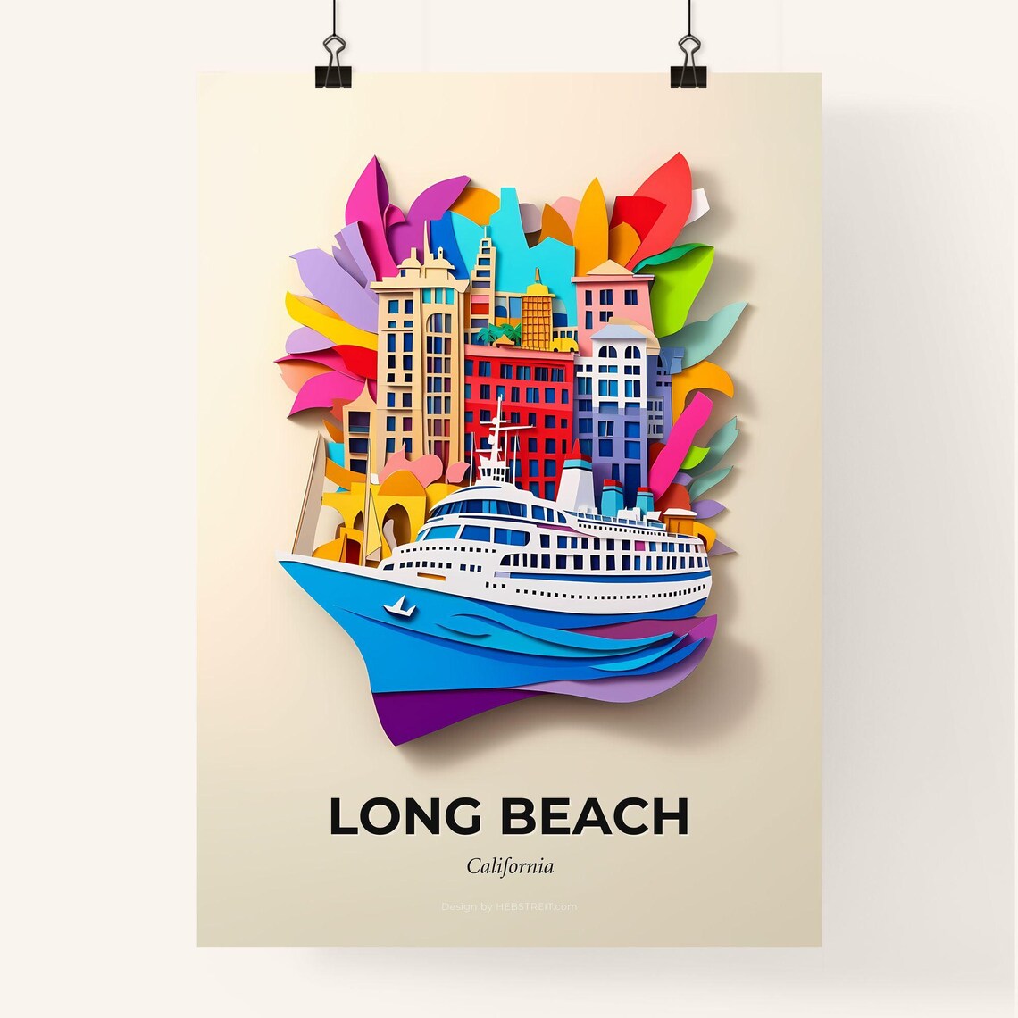 Long Beach California Cruise Ship Papercut Travel Scene Poster - Image 4