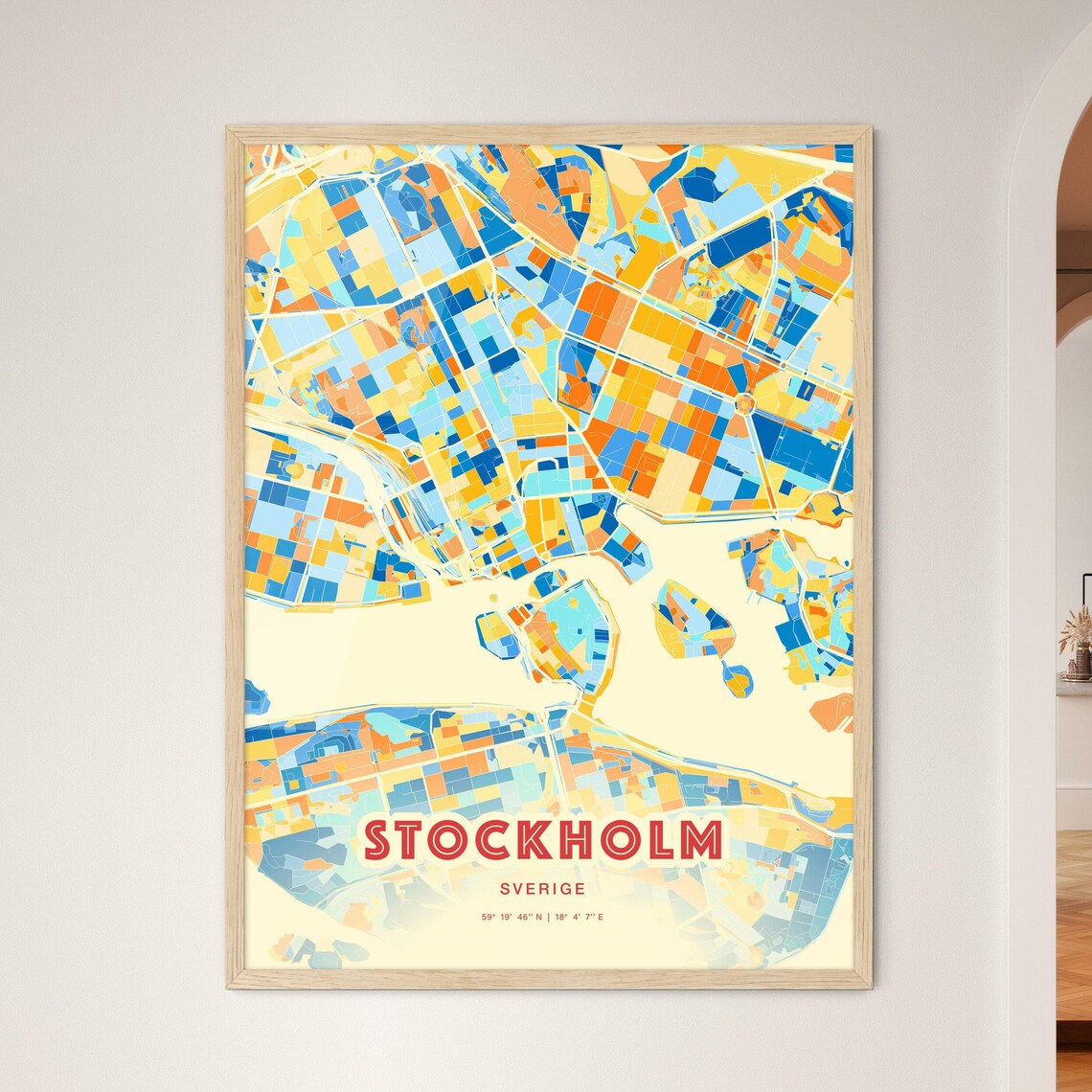 Stockholm Sweden Colorful Blue and Orange City Map Art Poster