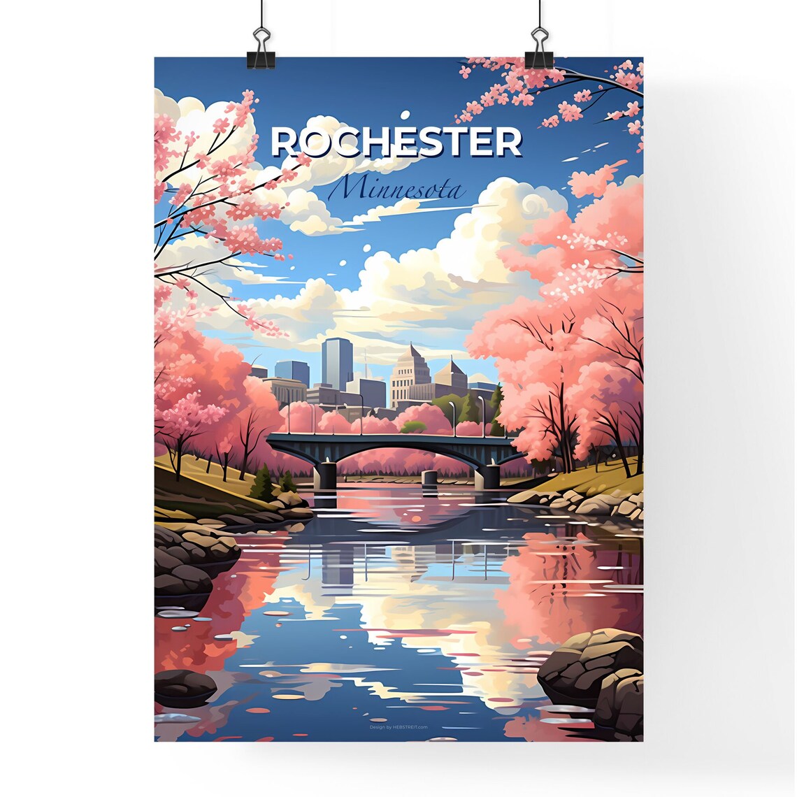 Rochester Minnesota Cherry Blossom Bridge River Skyline Art Poster - Image 4