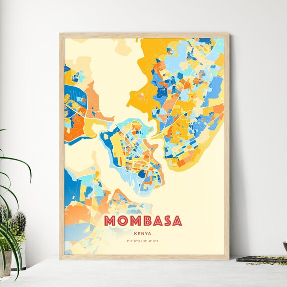 Mombasa Kenya City Map Blue Orange Street Map Poster Africa Gift