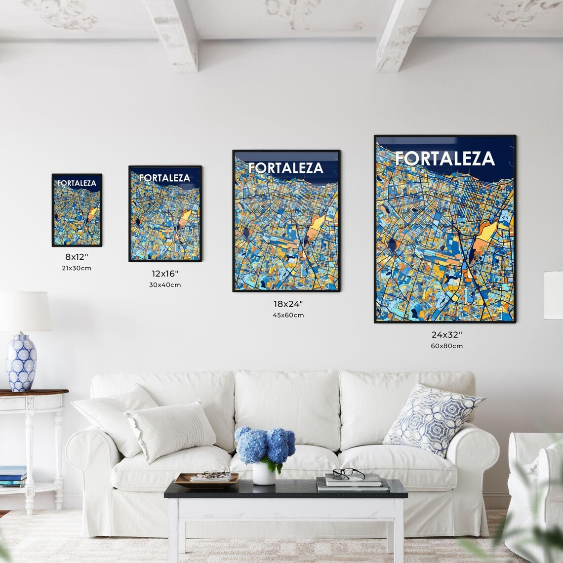 Fortaleza Brazil Stylish Vibrant Blue and Orange Mosaic City Map Poster - Image 3