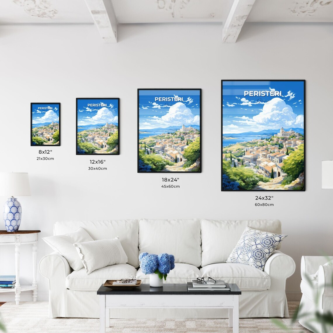 Peristeri Greece Whitewashed Hillside Town Coast Travel Art Poster - Image 3