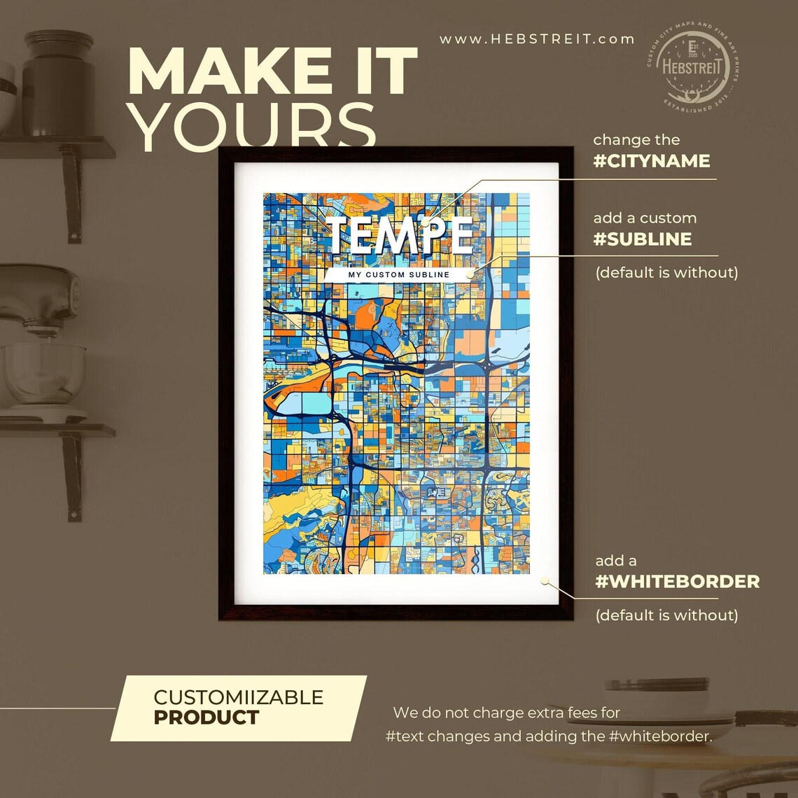 Tempe Arizona Blue Orange City Map Poster Bold Modern Street Grid Art - Image 2