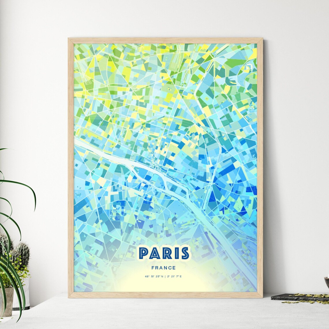 Paris France Famous Colorful Modern Bluish City Map Art Poster