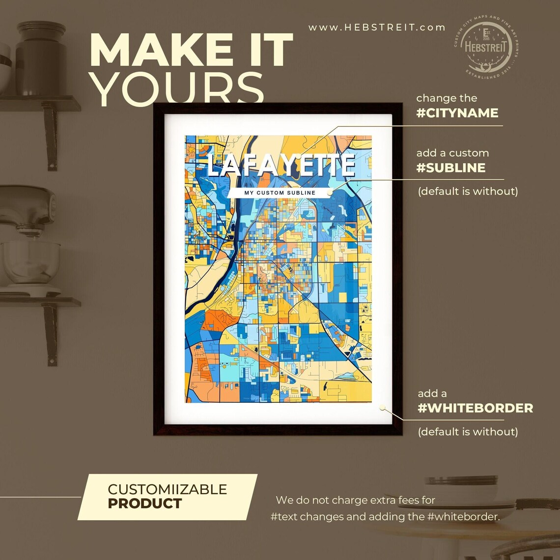 Lafayette Indiana Vibrant Stylized Blue and Orange City Map Poster - Image 2