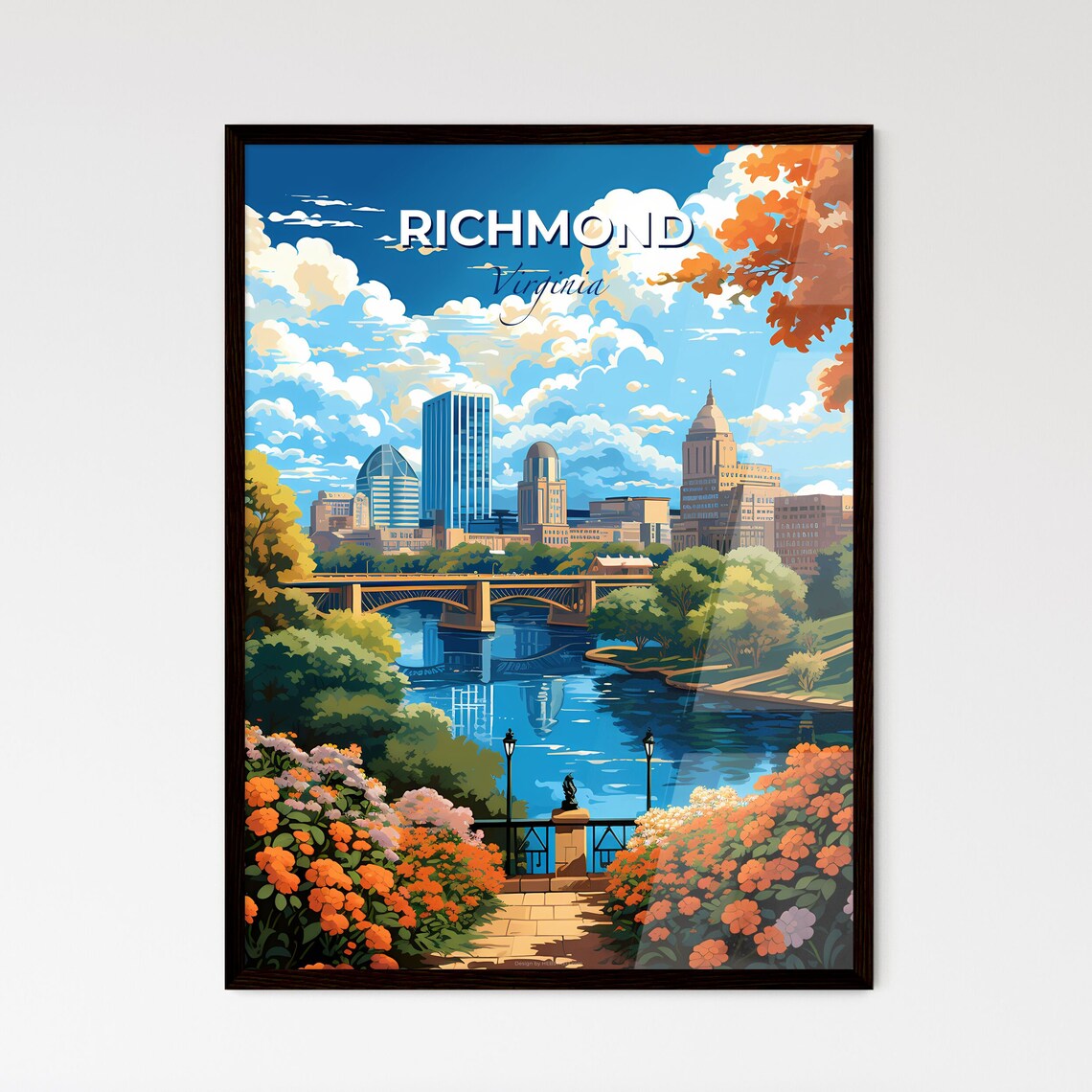 Richmond Virginia River Bridge Skyline Flowers Travel Poster