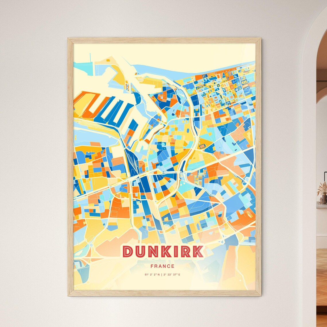 Dunkirk France Colorful Harbor City Map Coordinates Art Poster