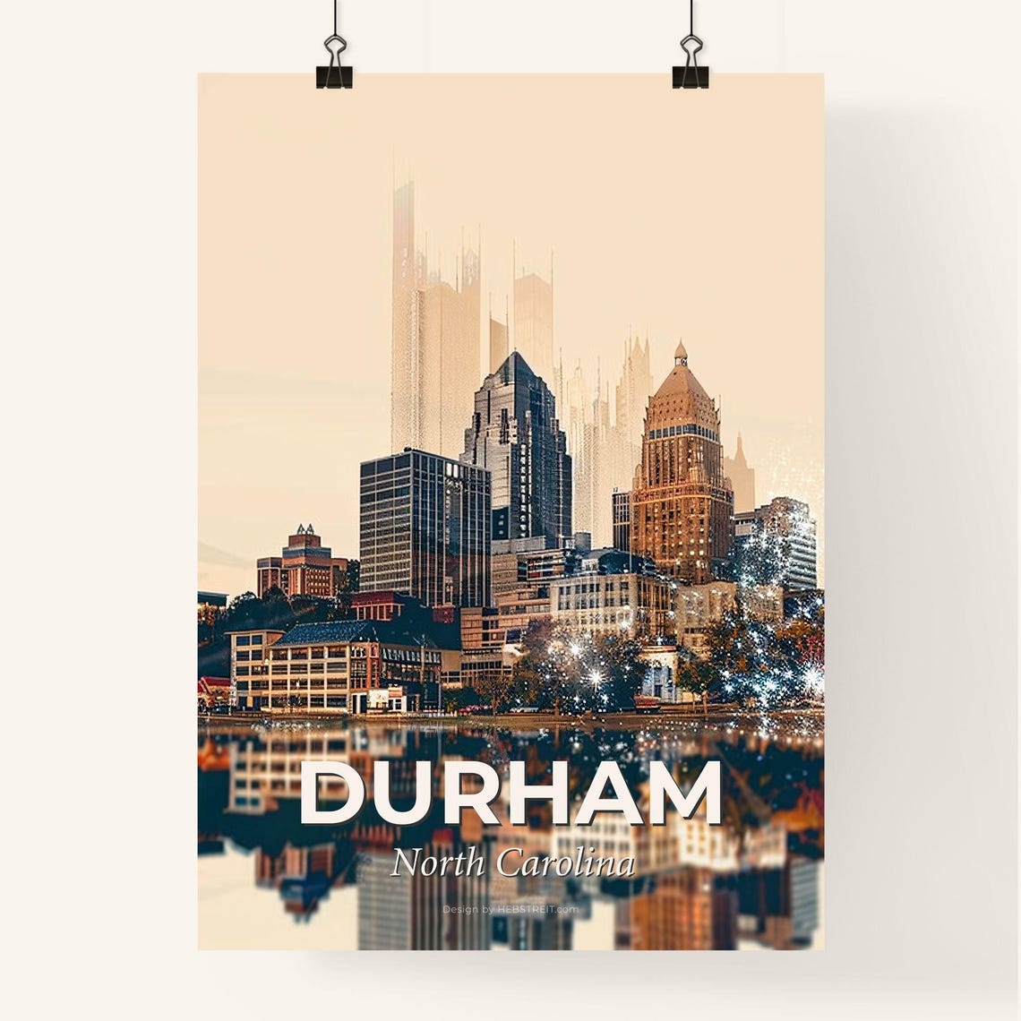Durham North Carolina Downtown Skyline Reflection Art Poster - Image 4