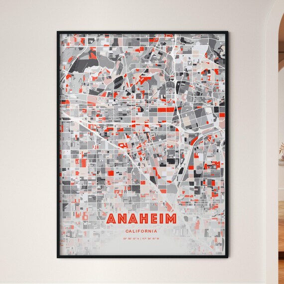 Anaheim California Expressive Red Bold Modern City Map Art Poster