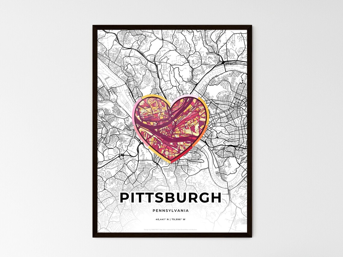 Pittsburgh Pennsylvania Minimal Map Art With Colorful Heart Icon Poster