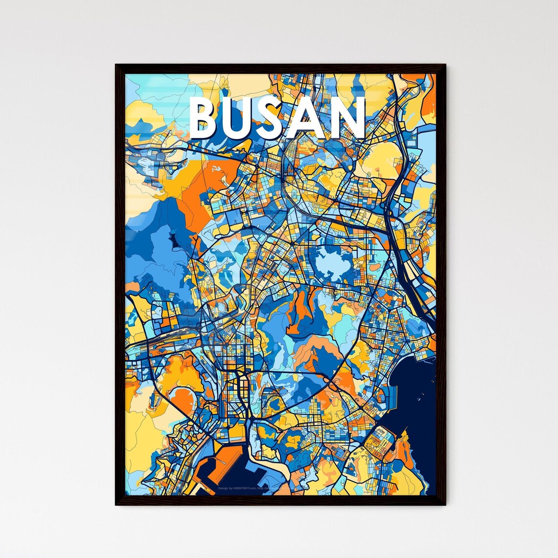Busan South Korea Bold City Map Art Poster in Navy Orange and Yellow