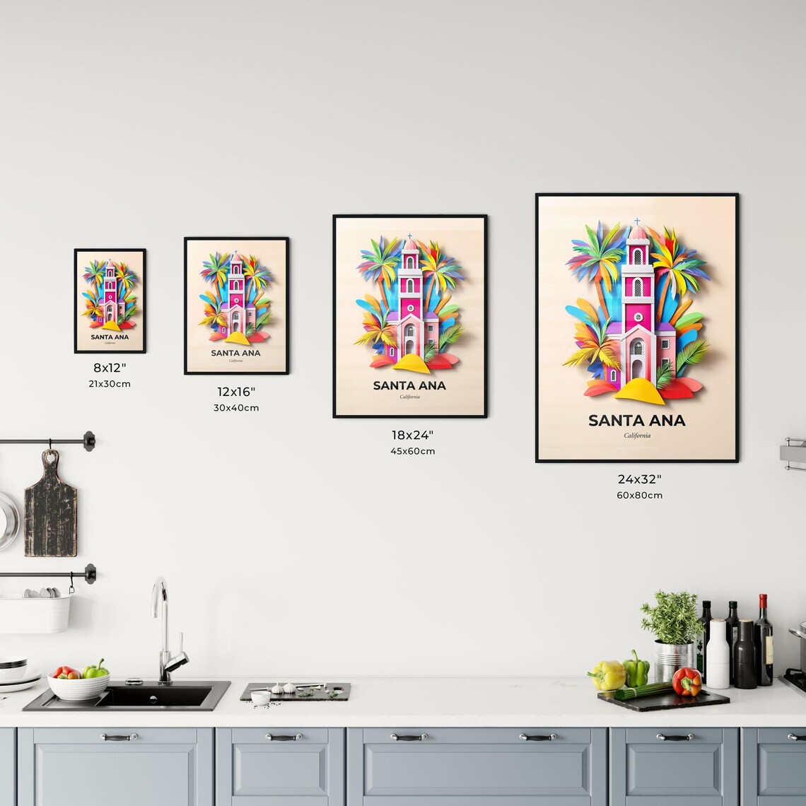 Santa Ana California Pink Church Tower Paper Cut Palm Trees Poster - Image 3