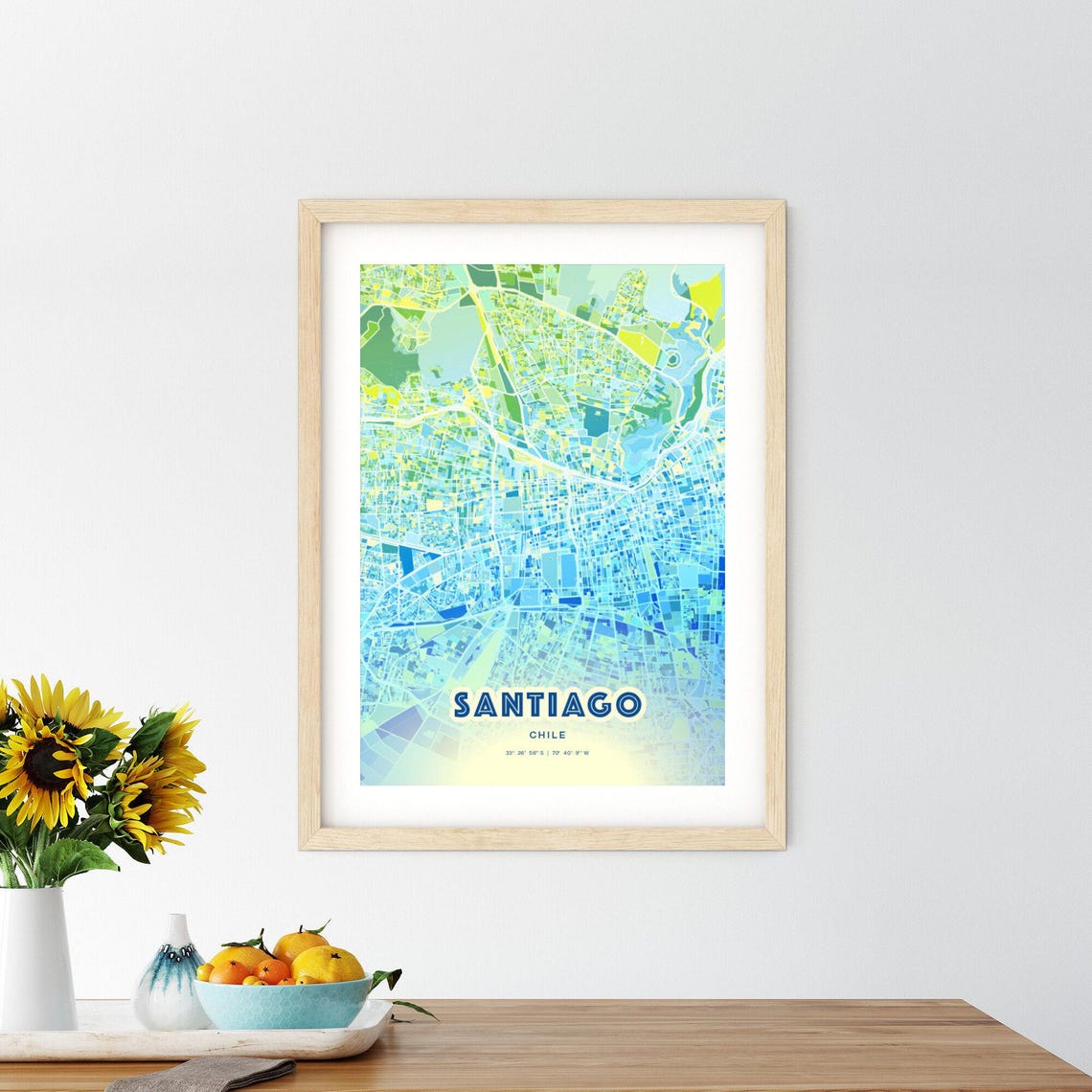 Santiago Chile Bluish Watercolor Modern Decorative City Map Art Poster - Image 2