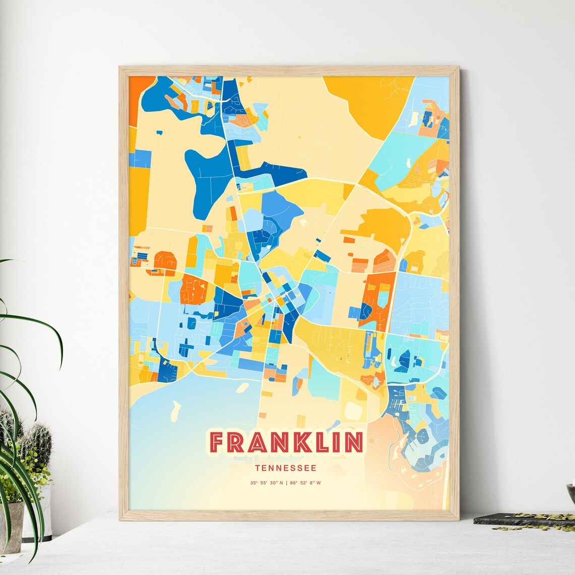 Franklin Tennessee Colorful Blue and Orange Retro City Street Map Wall Art - Image 3