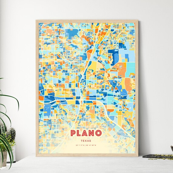 Plano Texas Colorful Blue Orange City Street Map Coordinates Poster