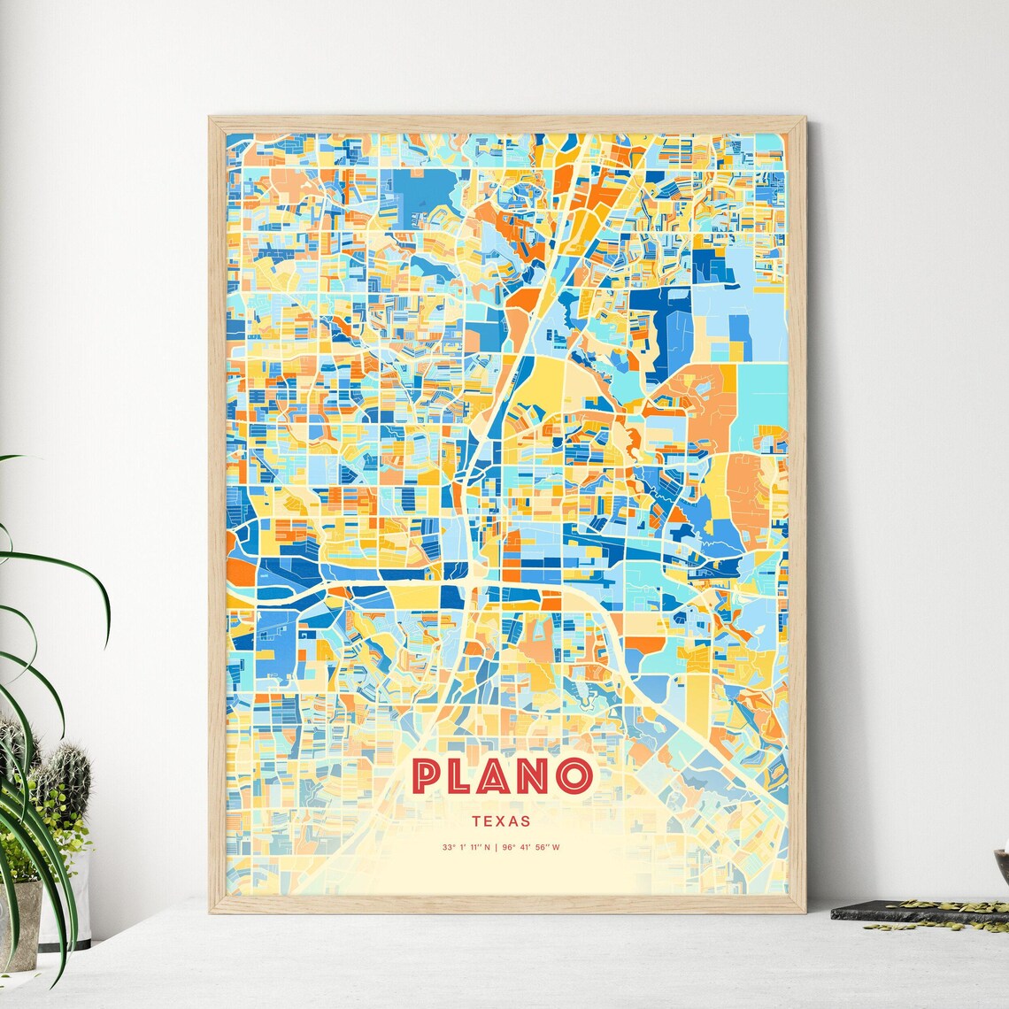 Plano Texas Colorful Blue Orange City Street Map Coordinates Poster