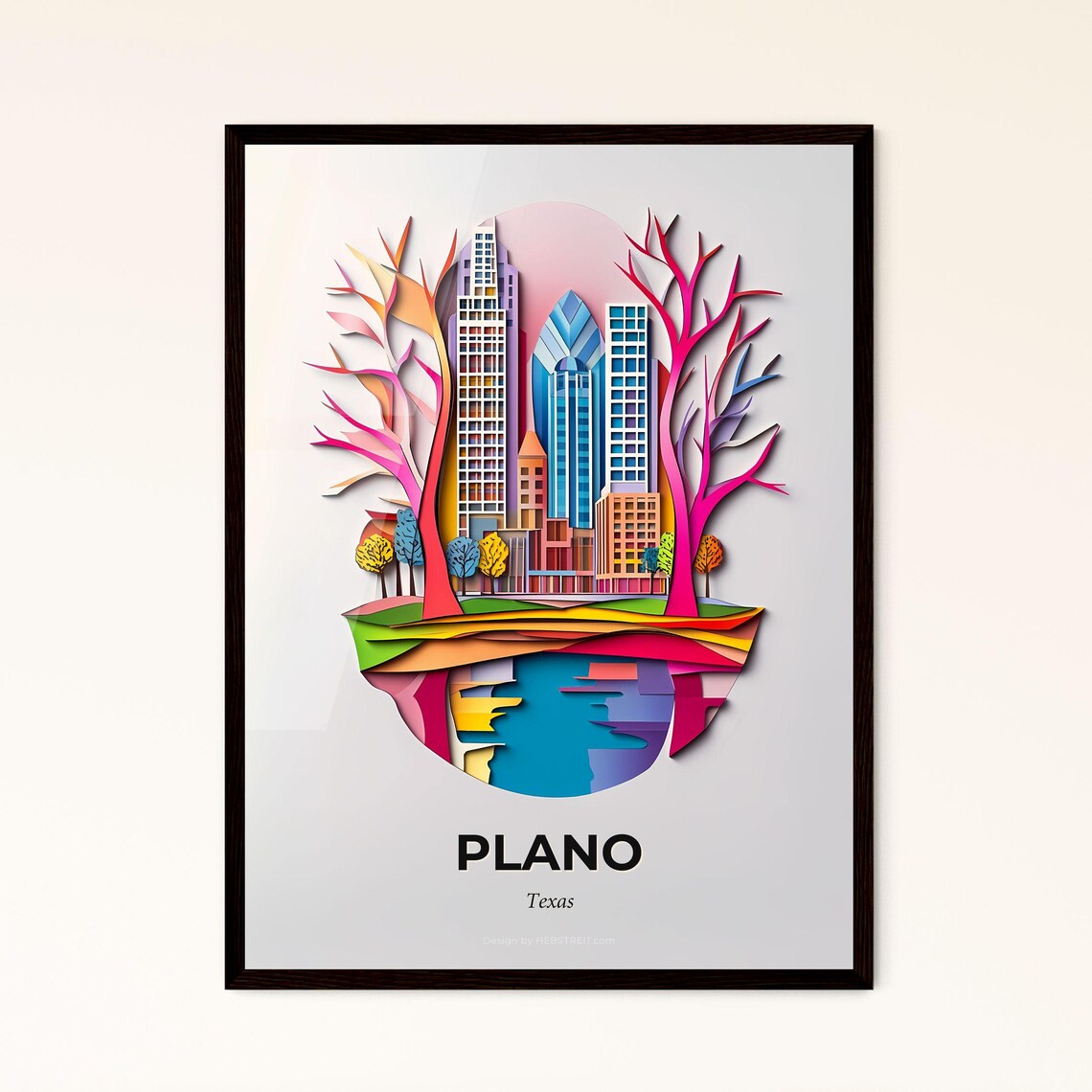 Plano Texas Colorful 3D Paper Cut Skyline Trees Lake Art Poster