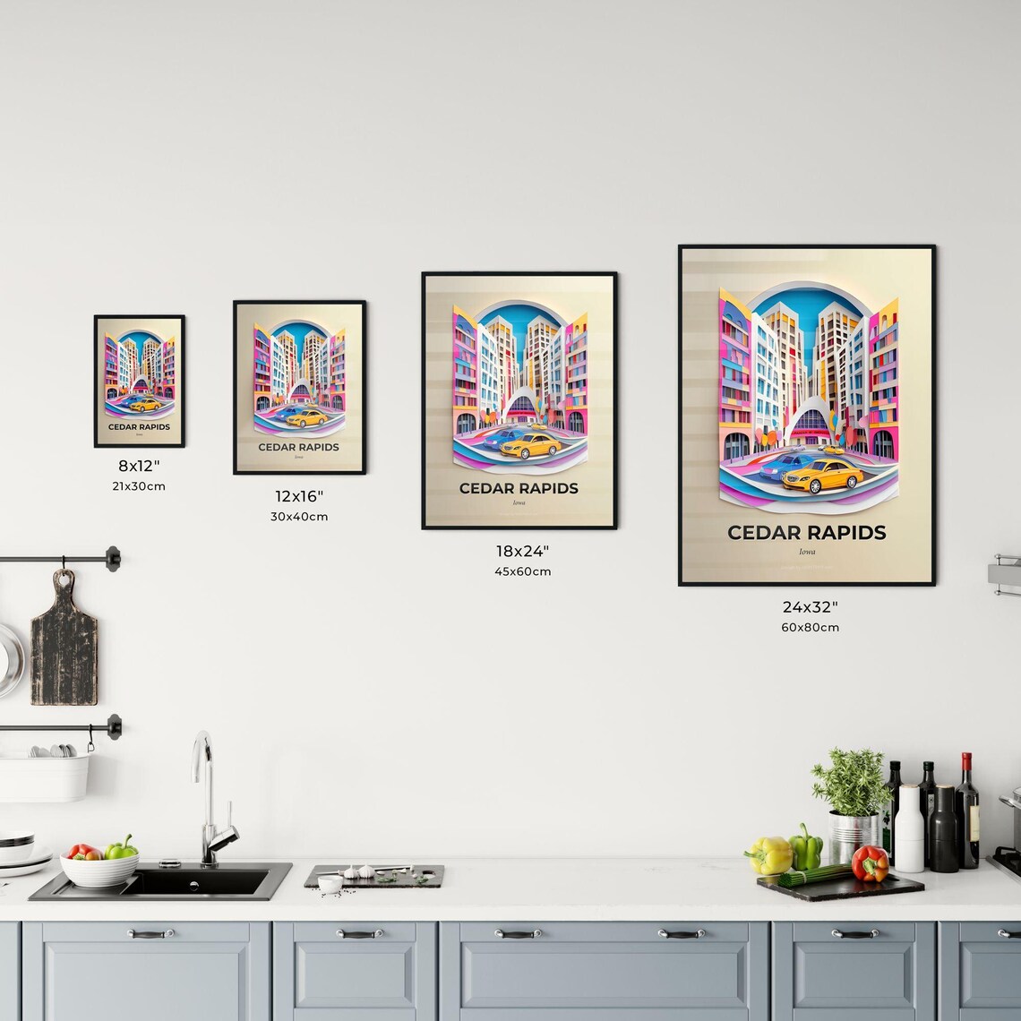 Cedar Rapids Iowa Colorful Paper Cut Vibrant Downtown Street Poster - Image 3