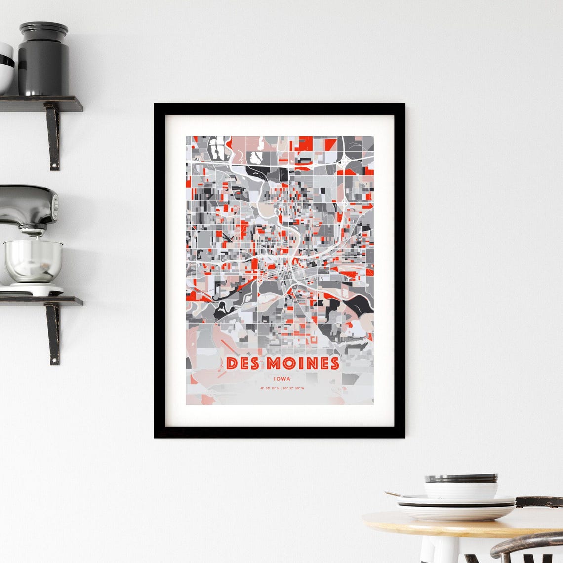 Des Moines Iowa Expressive Red Abstract Modern City Map Art Poster - Image 2