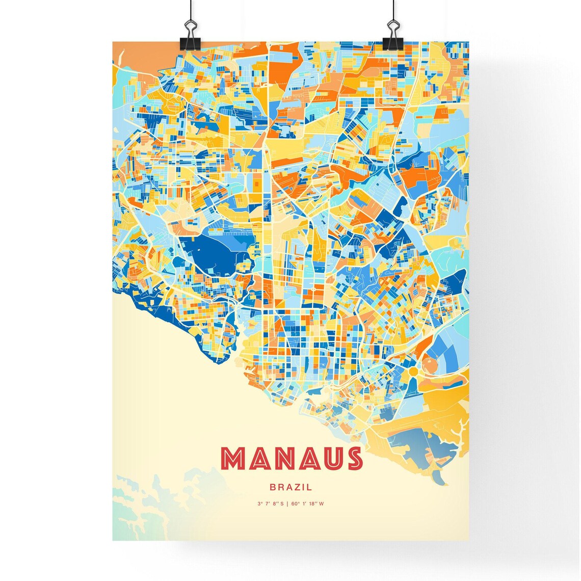 Manaus Brazil Bold Vibrant Blue Orange Mosaic City Map Poster - Image 3