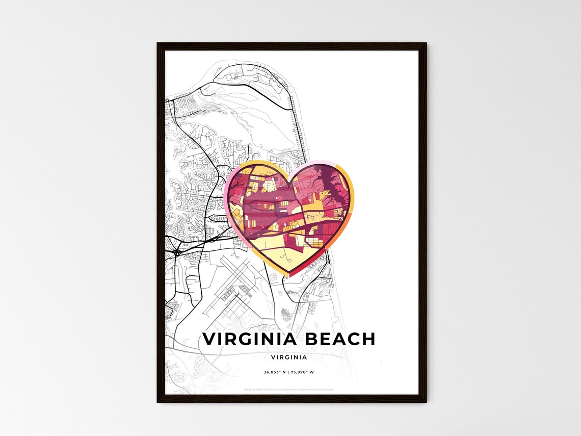 Virginia Beach Virginia Minimal City Map Colorful Heart Icon Art Poster