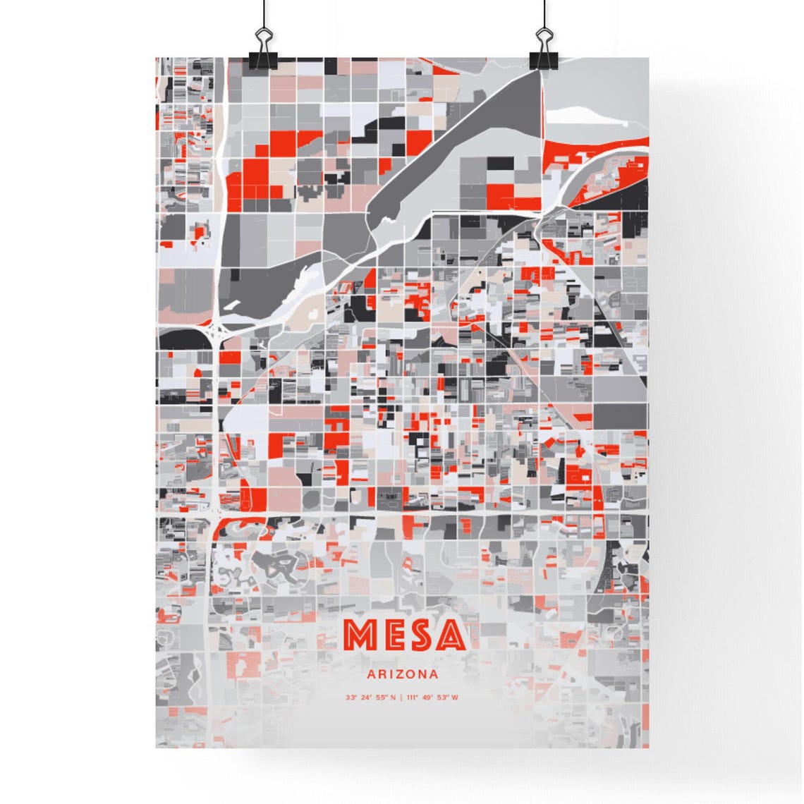 Mesa Arizona Modern Red Gray Expressive City Map Poster Customizable - Image 3