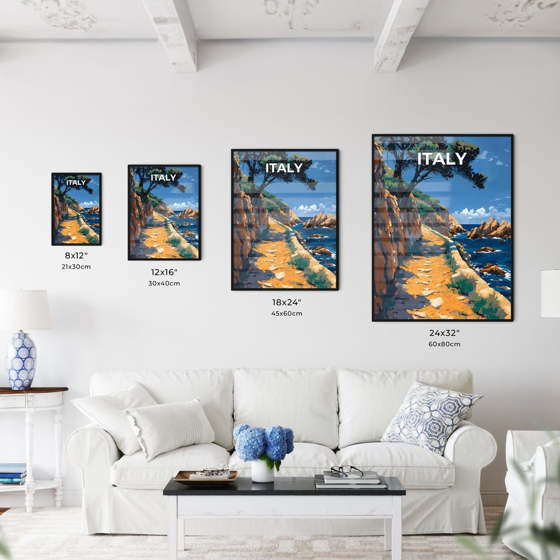 Italy Coastal Cliff Path Rocky Shore Pine Tree Vintage Travel Poster - Image 3