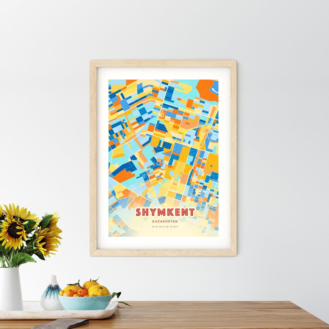 Shymkent Kazakhstan Blue Orange Colorful City Map Art Poster With Coordinates - Image 2
