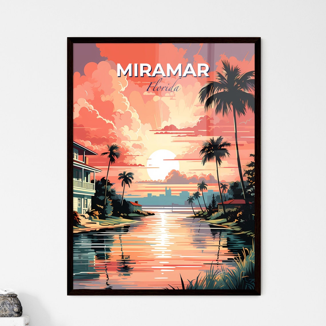 Miramar Florida Waterfront Sunset Palm Trees Vintage Travel Poster