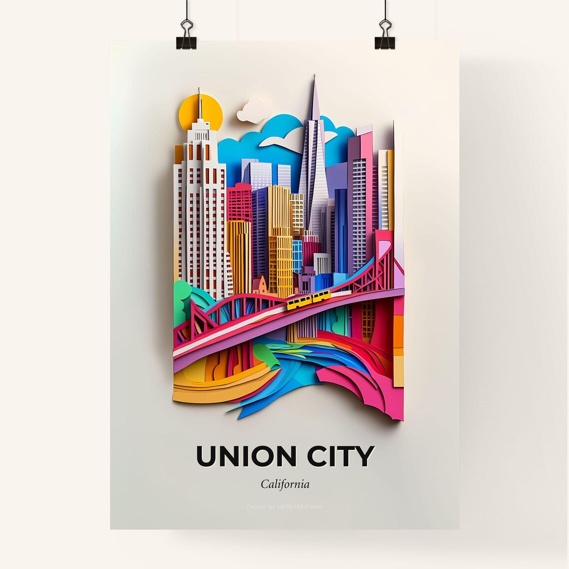 Union City California Skyline Bridge Colorful Paper Cut Poster - Image 4