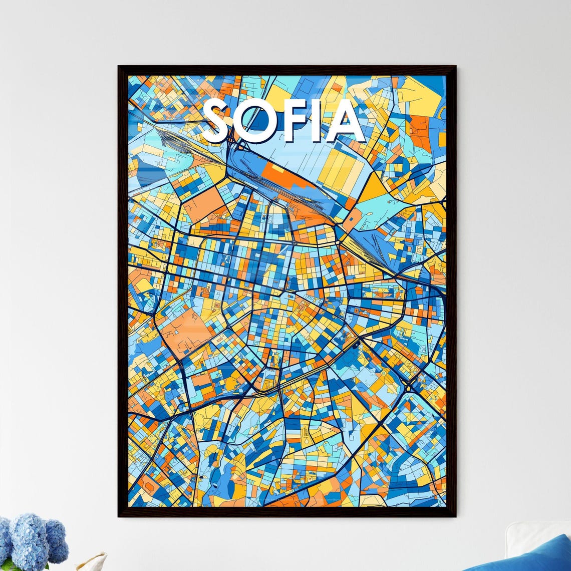 Sofia Bulgaria Capital City Colorful Blue Orange Map Art Poster