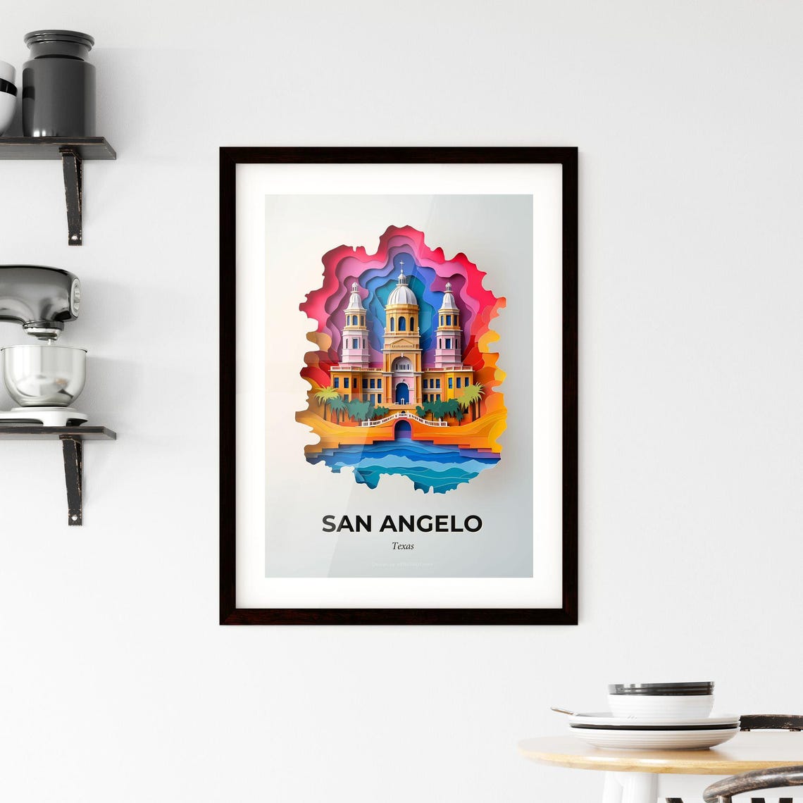San Angelo Texas Colorful Paper Cut Historic Building Travel Poster - Image 2