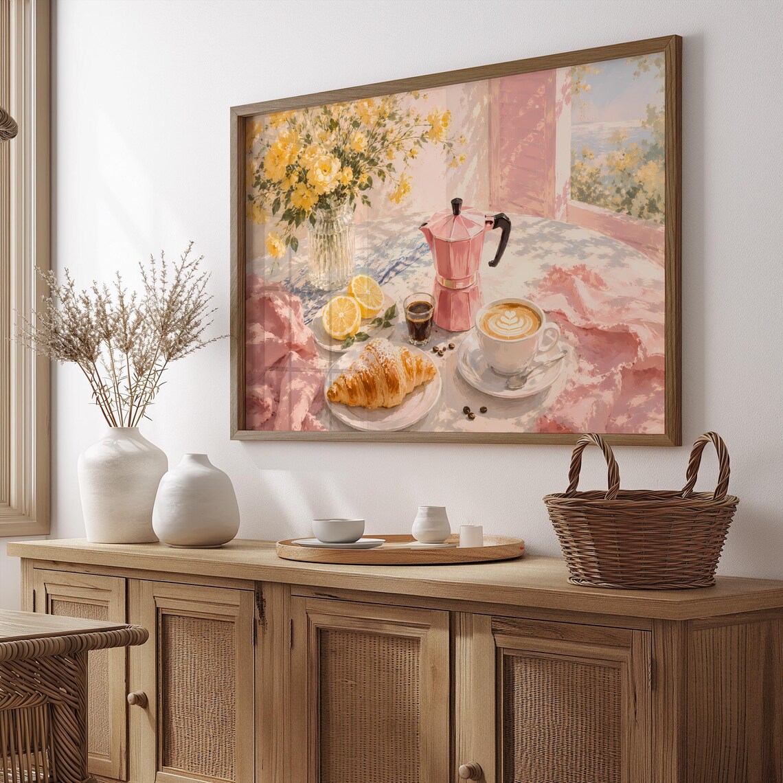 Pink Moka Pot Coffee and Croissant French Watercolor Kitchen Poster