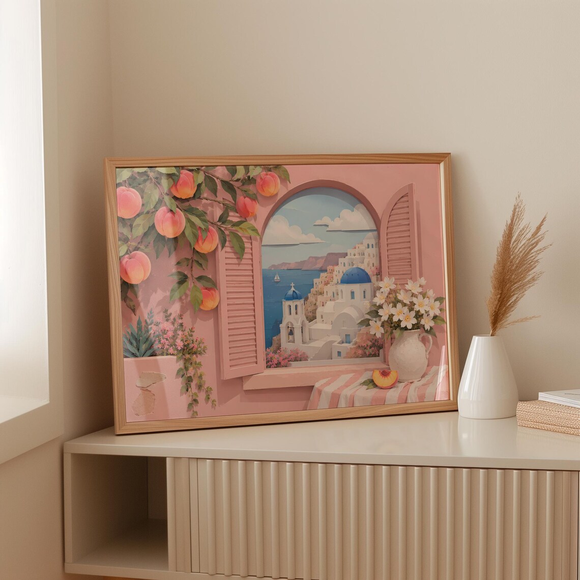 Greece Travel Poster, Santorini Coast Window View