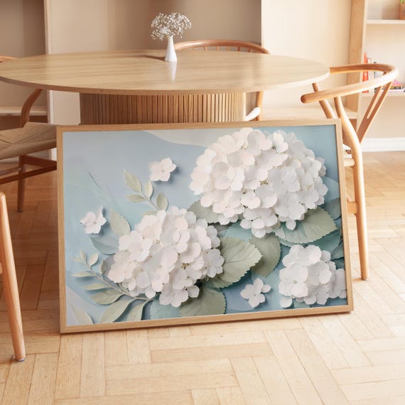 Digital Download White Hydrangea Poster 3d Papercut Floral Art Printable Dusty Blue Botanical Print File