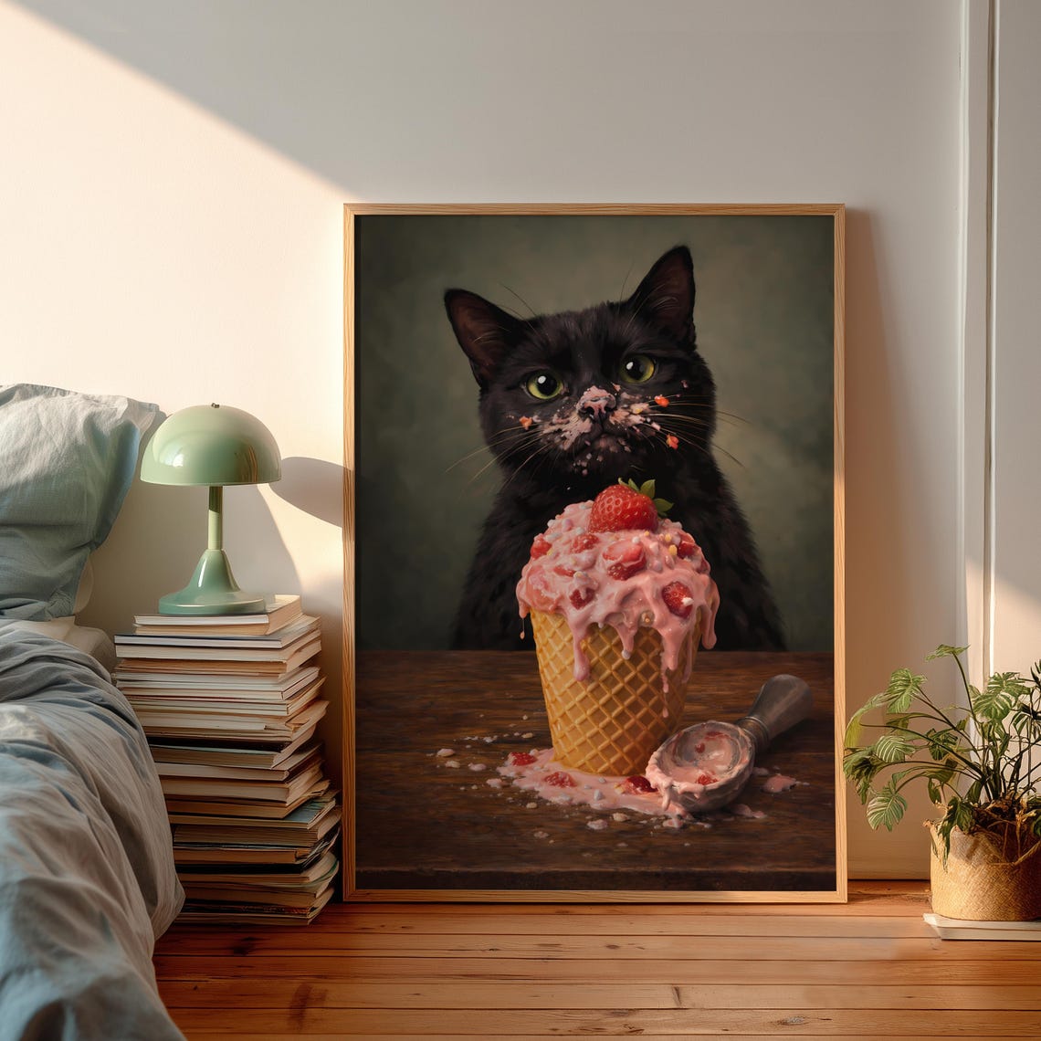 Black Cat Eating Ice Cream Print Moody Funny Animal Painting Strawberry Waffle Cone Poster Eclectic Kitchen Decor