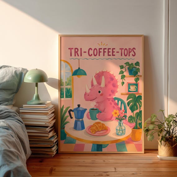 Cute Dinosaur Coffee Poster Pink Dino Cafe Wall Art Lover Decor Bar Print Whimsical Kitchen Kids