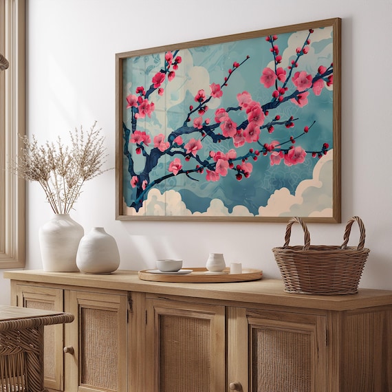 Pink Cherry Blossom Poster Japanese Sakura Wall Art Zen Flower Decor Modern Teal Floral Print Homivia Home Office