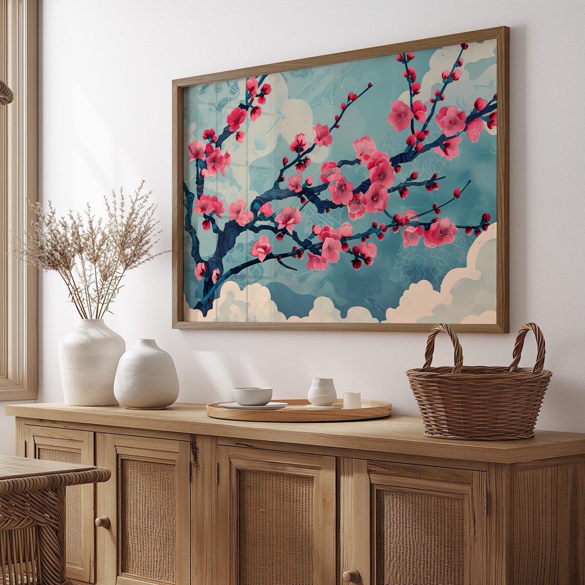 Pink Cherry Blossom Teal Sky Japanese Sakura Floral Art Poster
