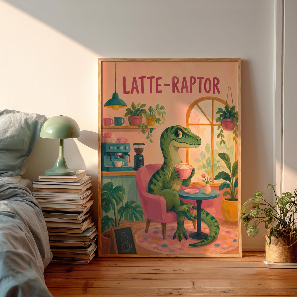Latte Raptor Cute Dinosaur Barista Pink Cafe Pastel Coffee Poster