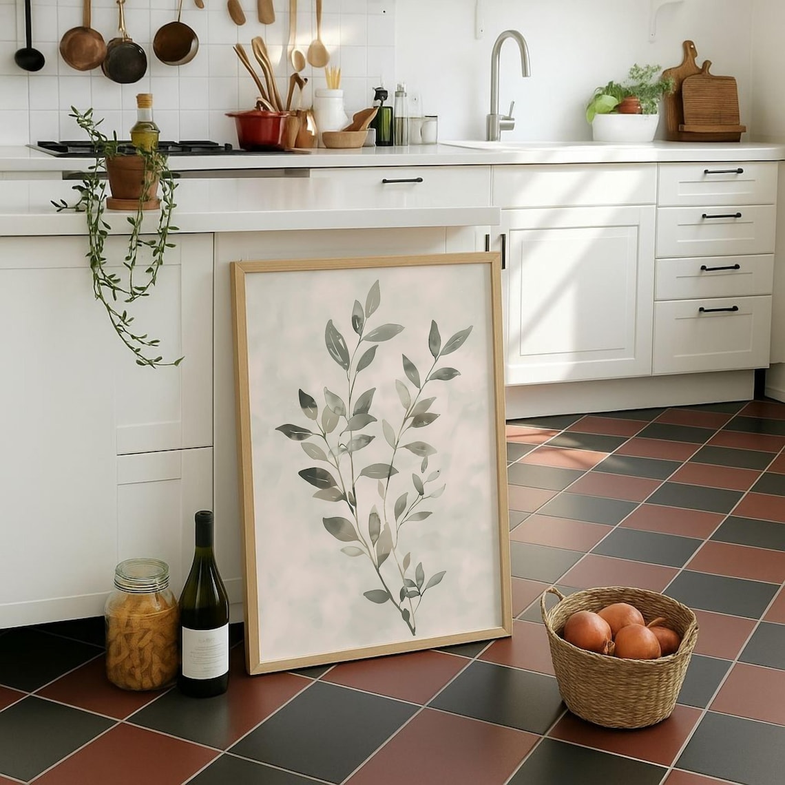 Minimalist Sage Green Leaves Art Print, Boho Farmhouse
